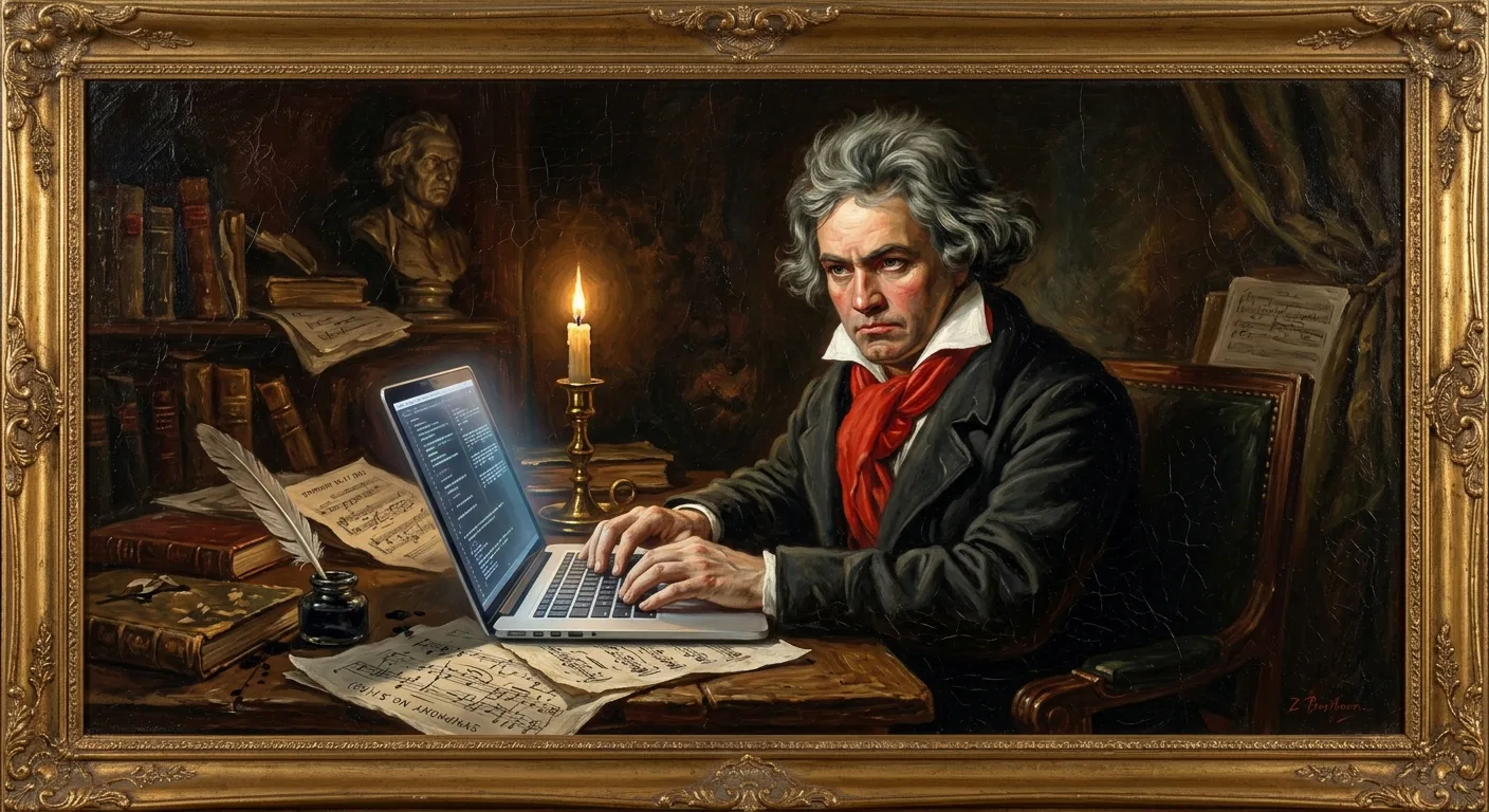 an oil painting of beethoven composing at a laptop by candlelight