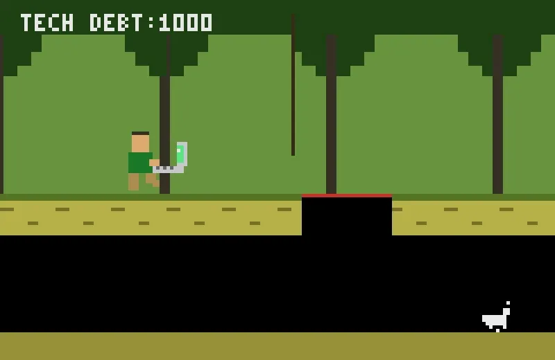 a pitfall-style retro video game where the explorer carries a laptop and the score reads tech debt: 1000